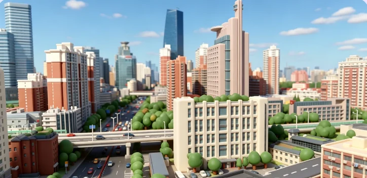 A stylized city scene from the Changning worker-rights project
