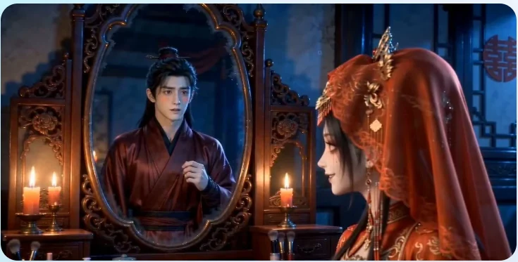 Characters and a mirror scene from the game-world comedy project